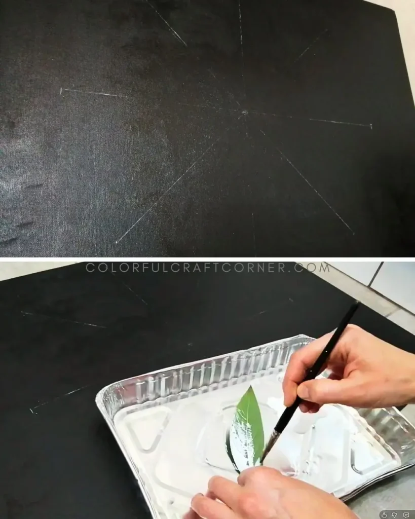 How to print a mandala on canvas using acrylic paint and natural leaf textures with the help of a grid