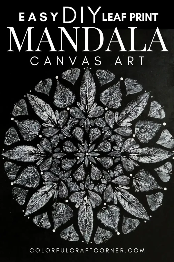 Botanical mandala canvas art detail made with layered leaf prints