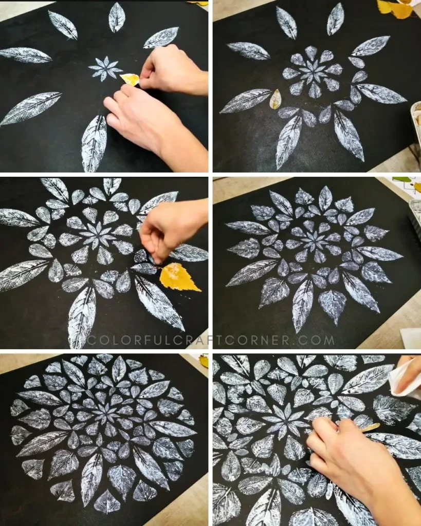 Step-by-step mandala painting using leaf printing technique on canvas