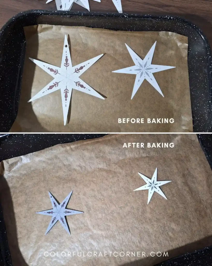 baked shrink plastic ornaments before and after shrinking