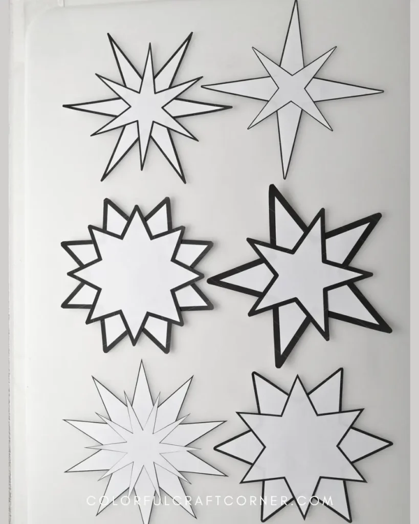 six variations of layered paper star ornaments